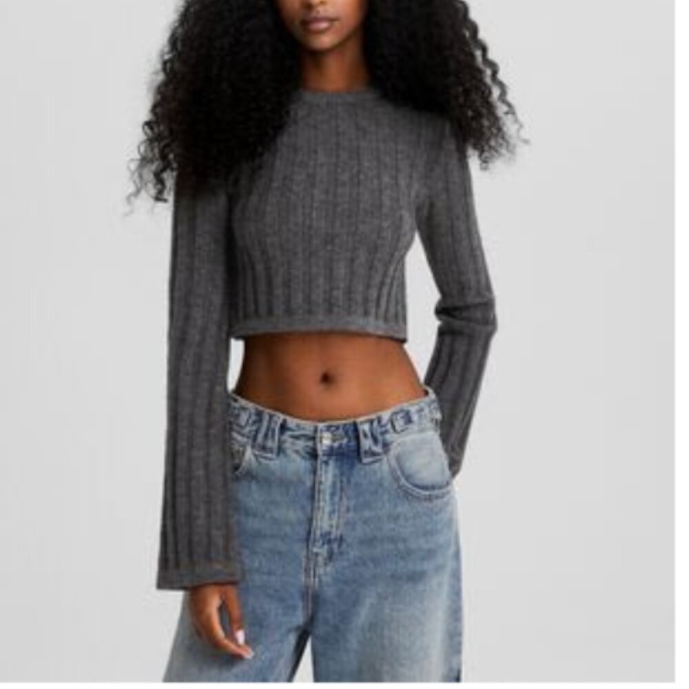 Bershka Ribbed Cropped Sweater in Grey